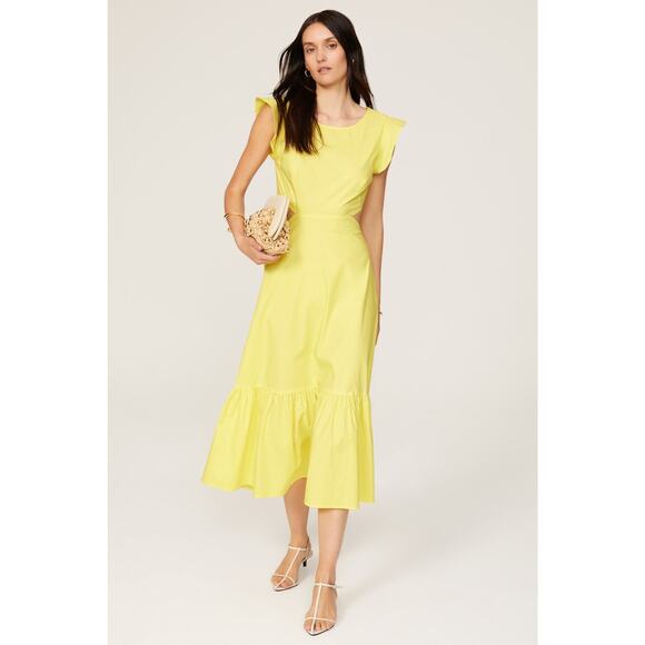 Marissa Webb Yellow Cut Out Tie Back Cap Sleeve Poplin Midi Dress Size 8